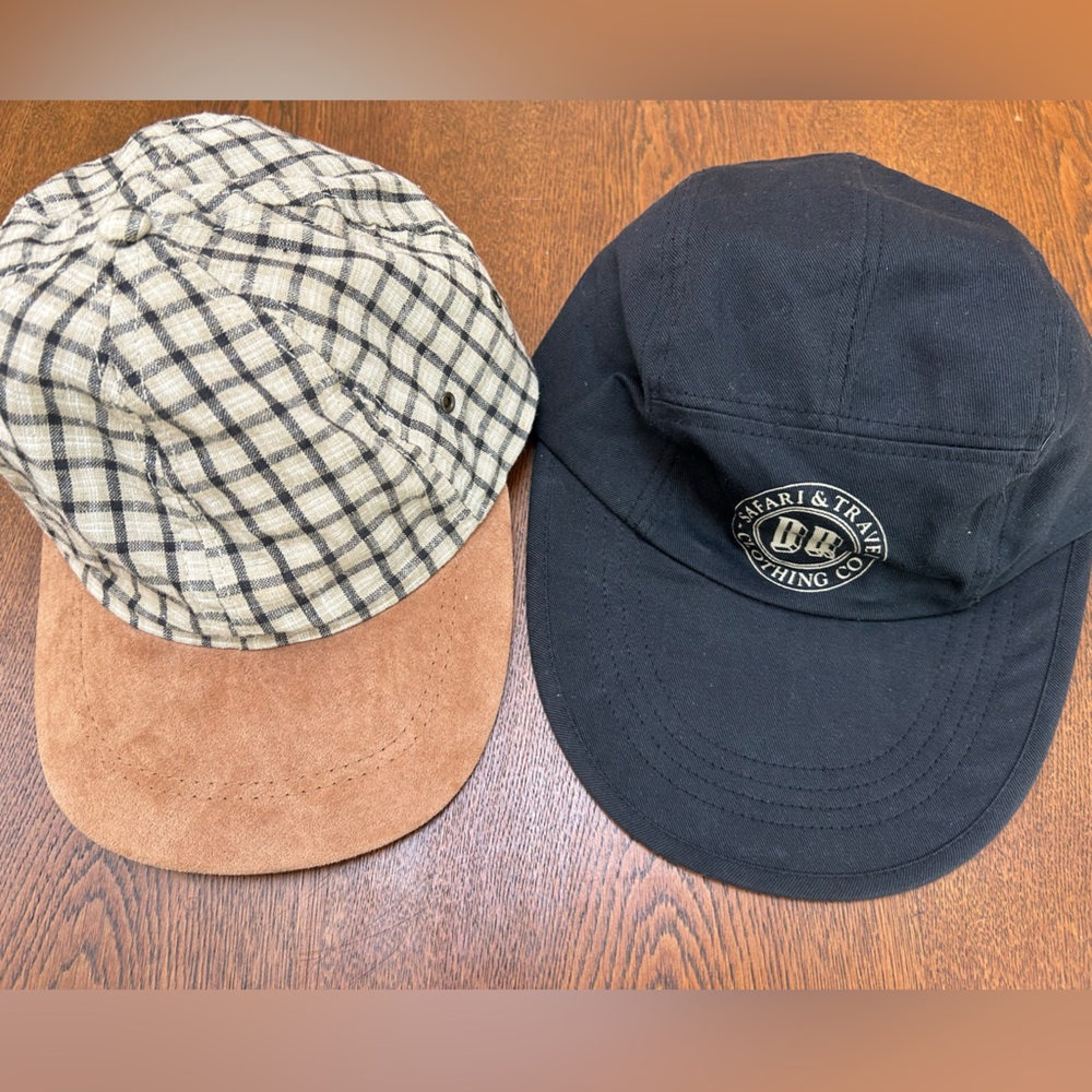 Both(2) Banana Republic caps-Checked cap w/suede leather brim. Black cap w/gray.